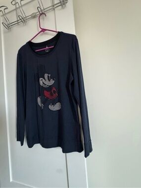 Woman’s Long Sleeve Navy Disney Top with Rhinestone Mickey Character Detail
